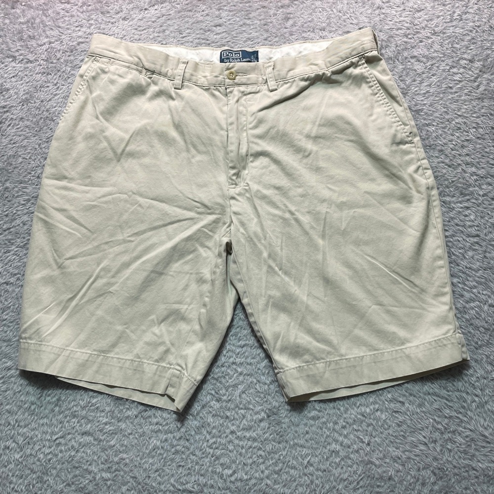Polo Ralph Lauren Men Khaki Chino Shorts Tan Cotton Flat Front Pony Logo 38